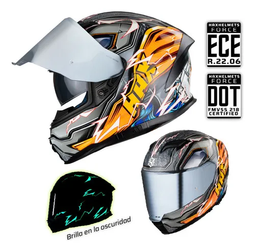  HAX Impulse - Casco de motocicleta de cara completa aprobado  por DOT y ECE, serie HAX Impulse que brilla en la oscuridad, doble ala  trasera, listo para pinlock, ligero y duradero