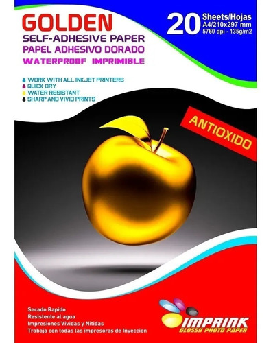 Papel Adhesivo Dorado Antioxido A4  135g 20 Hojas Imprink