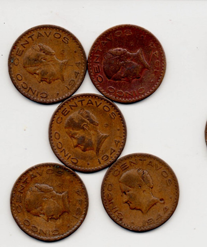 Monedas 5 Centavos Josefina Grande 1943 1944 1945 1946