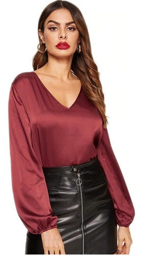 Top Moderno Blusa Cuello En V Manga Linterna Vino + Envio