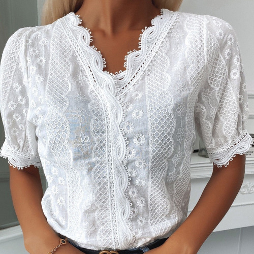 Blusa De Verano Con Cuello En V De Encaje De Manga Corta Par