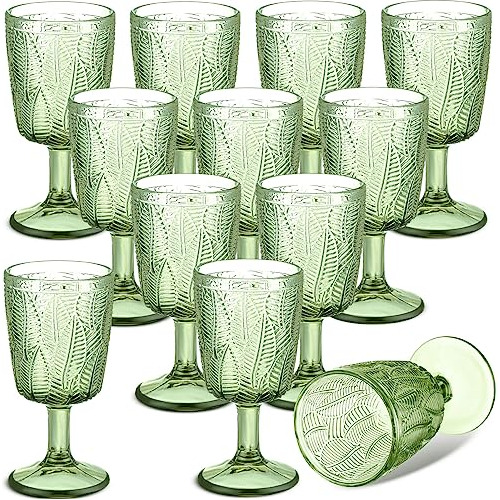 12 Pieces Green Wine Glasses 11.8 Oz Vintage Embossed L...