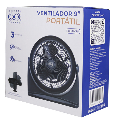Ventilador 9 Pulgadas 3 Velocidades Silencioso 35w Estructura Negro Aspas Plata Diámetro 9 " Frecuencia 60Hz Material de las aspas Plástico
