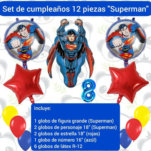 Set 12 Globos Decoración Cumpleaños Superman Hombre De Acero