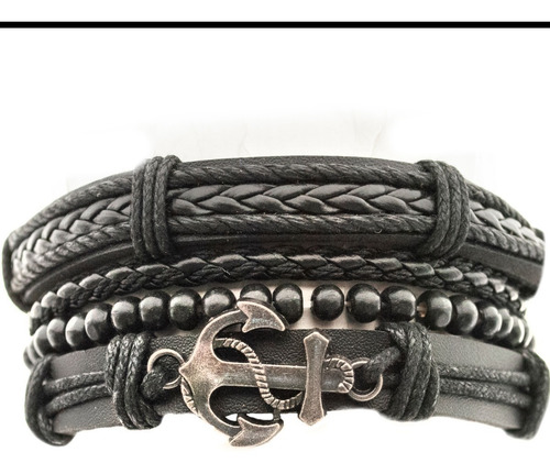 Imagen 1 de 7 de Pulsera Hombre Conjunto 4 En 1 Dije Ancla Cuero Autentico