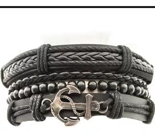 Pulsera Hombre Conjunto 4 En 1 Dije Ancla Cuero Autentico