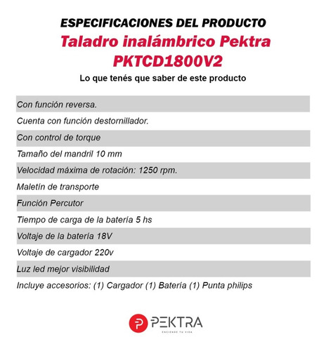 Imagen 5 de 7 de Taladro Percutor Atornillador Inalambrico Pektra Luz 18v Luz