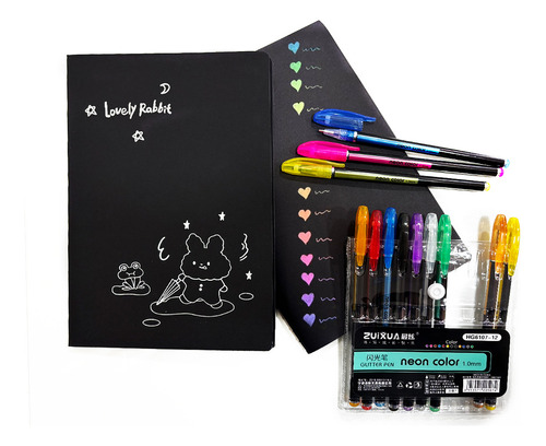 Cuaderno Libreta Negra + 12 Lapices Neon Gliter Gel