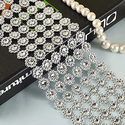 4 rollos de 8 yardas de cinta de diamantes de imitación de cristal plateado  brillante con forma de flor de diamantes de imitación de malla para