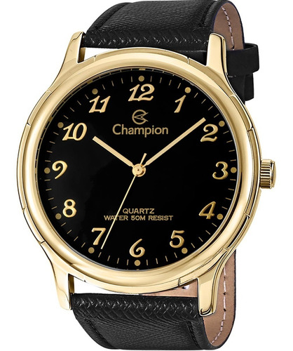 Relógio Masculino Champion Dourado Couro Original Social Prova D'água