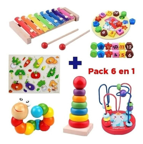 Pack 6 Juguetes Didácticos De Madera Para Niños Montessori
