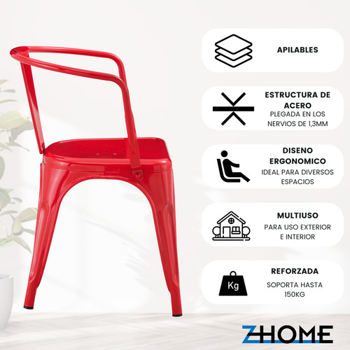 Silla De Comedor Con Apoyabrazo Tolix Reforzada De Hierro Zhome X4 Estructura De La Silla Rojo Asiento Rojo Diseño De La Tela Metal