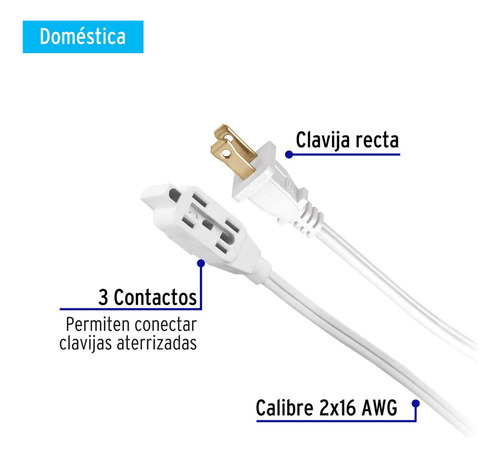 Extensión Eléctrica 5 M Blanca, Clavija Recta