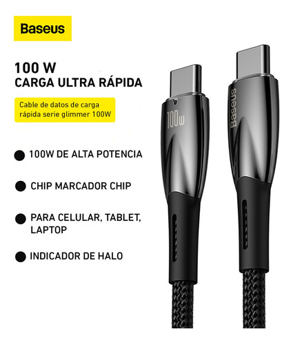 Cable Baseus Tipo C A Tipo C Carga Rápida 100w 2m 20v 5a
