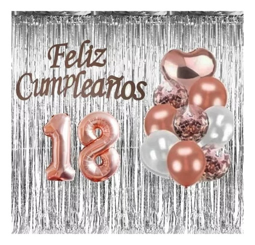 Kit Decoración Casa Feliz Cumple Oro Rosa+numero40cm+cortina