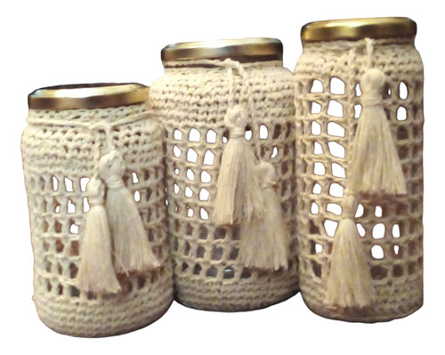 Frascos Decorados Tejidos Crochet Set De Tres