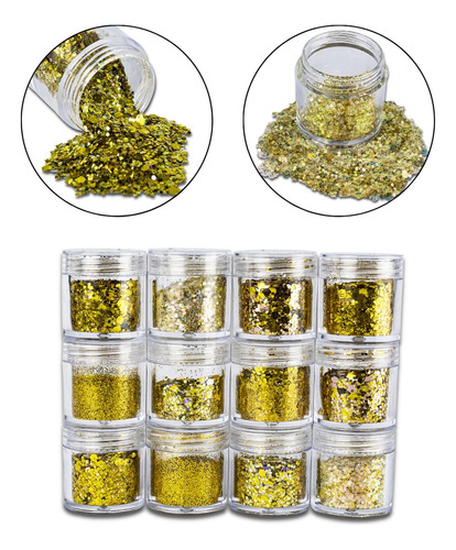 Kit 12 Glitter Dourado Decoração Unhas Encapsulada Gel Fibra