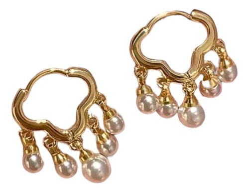 Aros Argolla Con Perlas Colgantes Elegantes Baño De Oro 18k