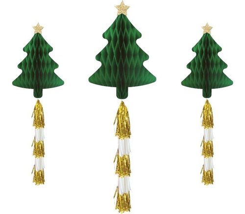 Decoracion Arbolito De Navidad Tipo Panal Verde Con Borlas