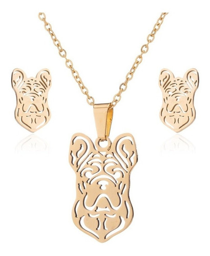 Conjunto Joyas Perro Bulldog Collar Aros + Caja Regalo Niña