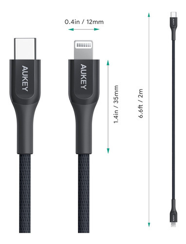 Cable Aukey Kevlar Usb-c A Lightning 2m Cb-akl4 Color Negro