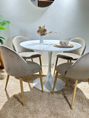 Juego Comedor Mesa Tulip Simil Marmol + 4 Sillas Thea Nordic Taupe Liso