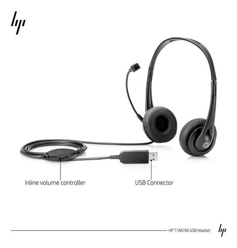 Imagen 2 de 6 de Auriculares Estéreo Hp T1a67aa Usb Microfono 20 Hz Negro