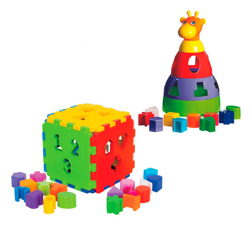 Kit 2 Brinquedos Educativos Infantil Encaixar Cubo + Girafa 