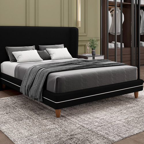 Cama Avulsa Para Colchão King Torres Madeira Veludo Preto