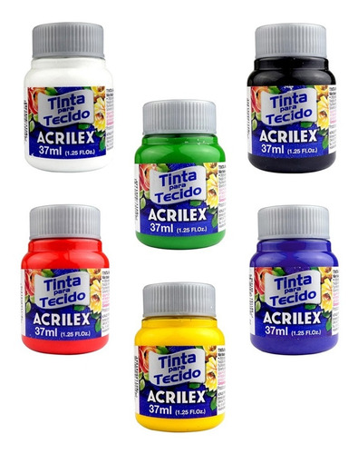 Kit Com 6 Tintas De Tecido Tela Acrilex 37ml 