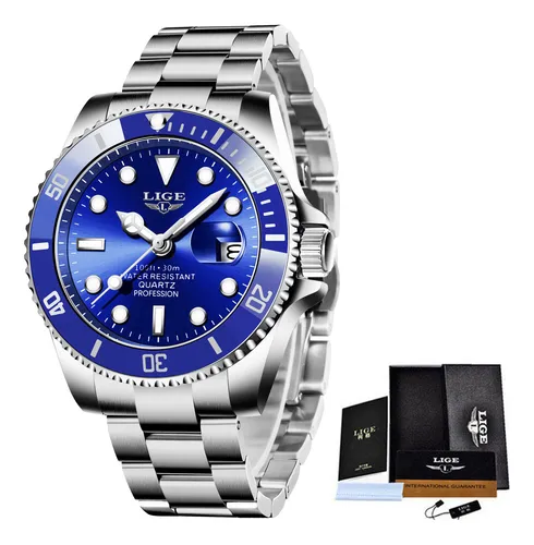 Reloj pulsera Lige LG10045 con correa de acero inoxidable color plateado - fondo azul - bisel azul /plateado