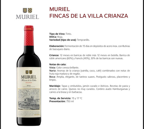 Vino Tinto 750ml Elegante Y Suave 1pza Muriel Crianza Rioja