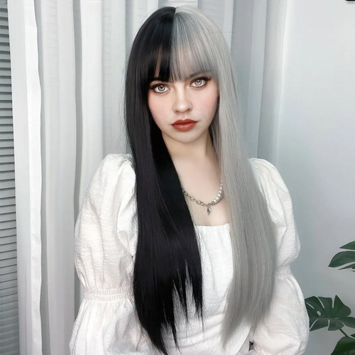 2025 Peluca Cabello Con Flequillo Largo Y Liso Negro Blanco