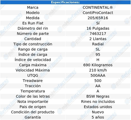 2 Llantas 95h Continental Contiprocontact 205/65r16 Run Flat