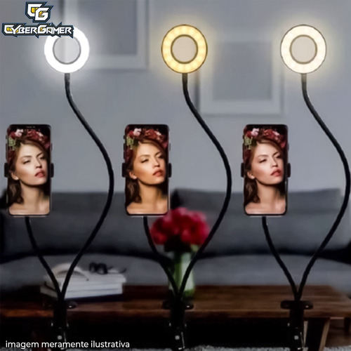 Imagem 6 de 6 de Ring Light Triplo Mesa C/ Suporte Celular Mic 3 Tons Leds