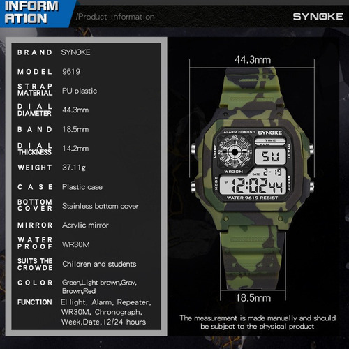 Pulseira de relógio eletrônico digital Synoke Military Luminous, cor cinza