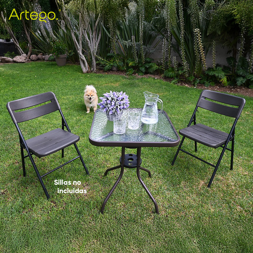 Mesa Cuadrangular De Vidrio Estructura De Acero Café Oscuro Mesa Compacta Para Terraza Jardín Balcón De 60cm