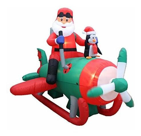 Inflable Navideño Santa Con Pingüinos En Avión