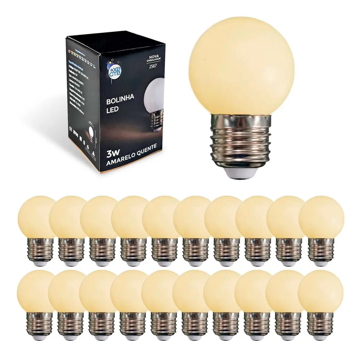 Kit 20 Lâmpadas LED Bolinha 3W G45 Amarelo Quente E27 Bivolt