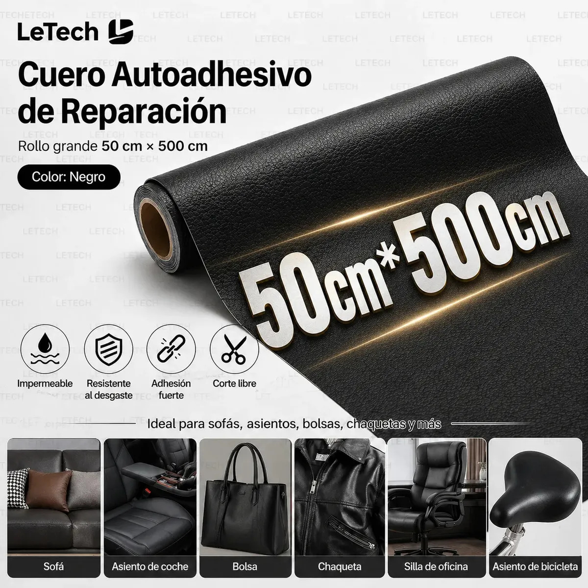 Parche de Cuero Adhesivo Negro para Sofá y Asientos de 5 m x 50 cm