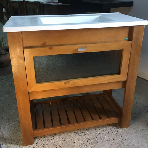 Imagen 4 de 8 de Combo Vanitory 80cm Puerta Madera Maciza Bacha Espejo