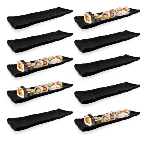 Kit 10 Travessas Estriadas Para Sushi Em Melamina Preta