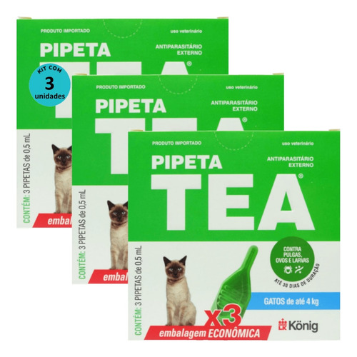 Antipulgas Pipeta Tea 0,5ml Para Gatos Até 4kg C/3un. Kit 3