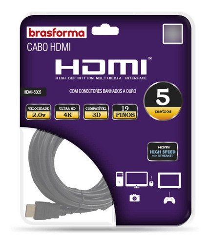 Cable HDMI 2.0 de alta definición Brasforma con 5 m