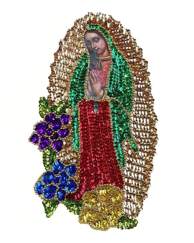 Virgen De Lentejuela Con Flores #3 29x17cm 