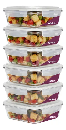 Kit 06 Potes De Vidro Retangular Com Tampa Hermética 640ml Resistente Marmita Mantimentos Organização Para Cozinha