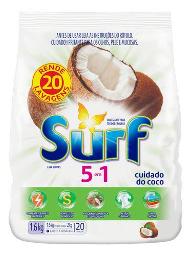 Sabão em pó Surf Cuidado do Coco lavanda antibacterial pacote 1.6 kg