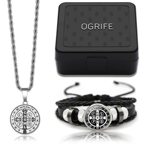 Cordão Baiano Pingente São Bento Aço + Combo Pulseira Kit-22 Cor Prata