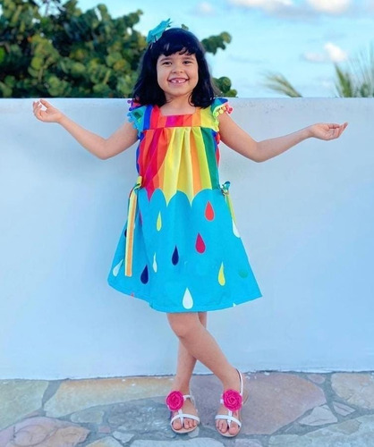 Imagem 3 de 5 de Vestido Infantil Chuva De Amor Arco Íris Colorido Festa