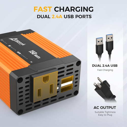 Inversor De Corriente Automóvil De 150w 4.8a Puertos U...